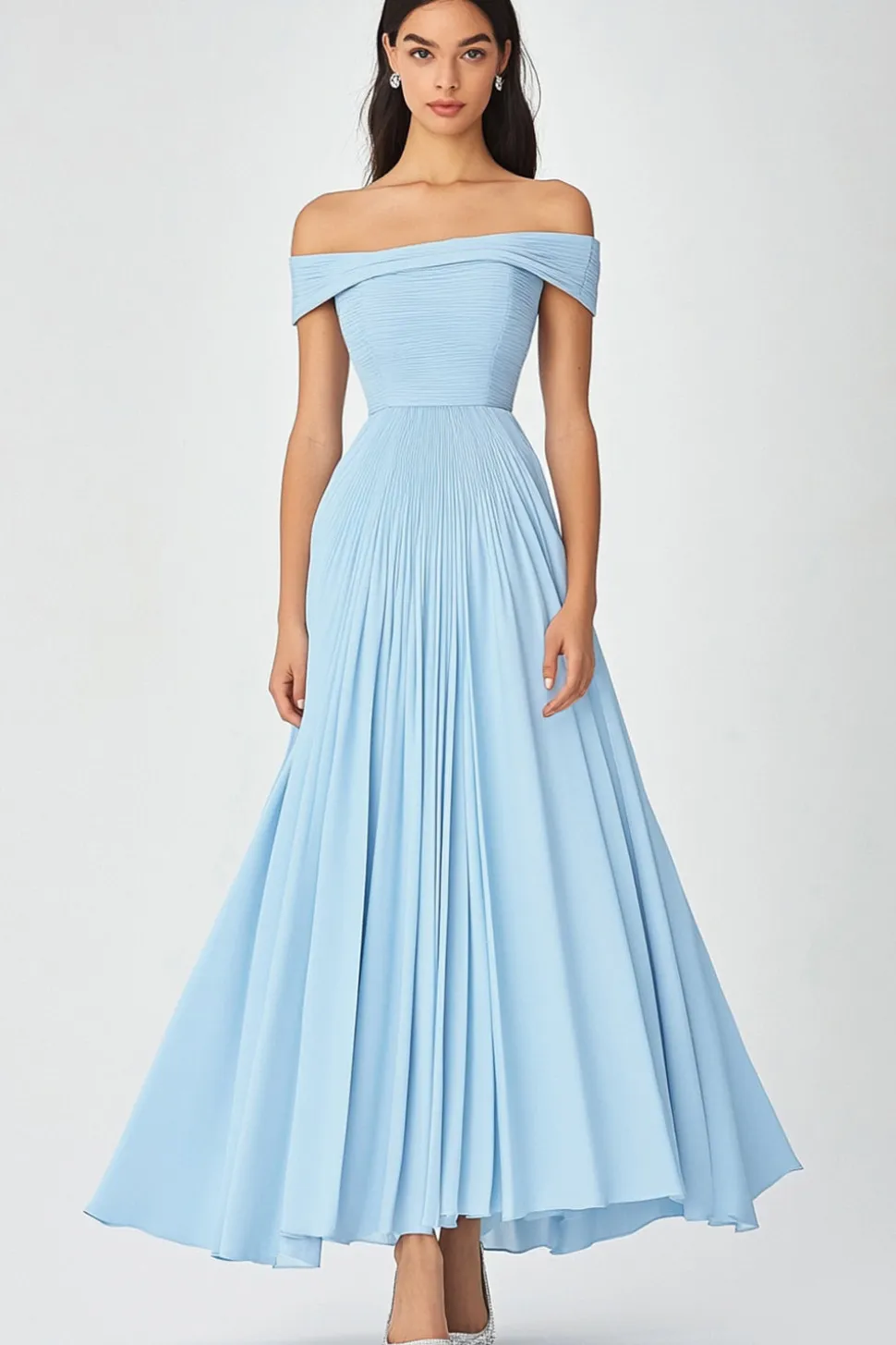 Off the Shoulder Sky Blue Uma Linha Ruched Chiffon Vestido Formal