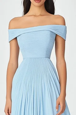 Off the Shoulder Sky Blue Uma Linha Ruched Chiffon Vestido Formal