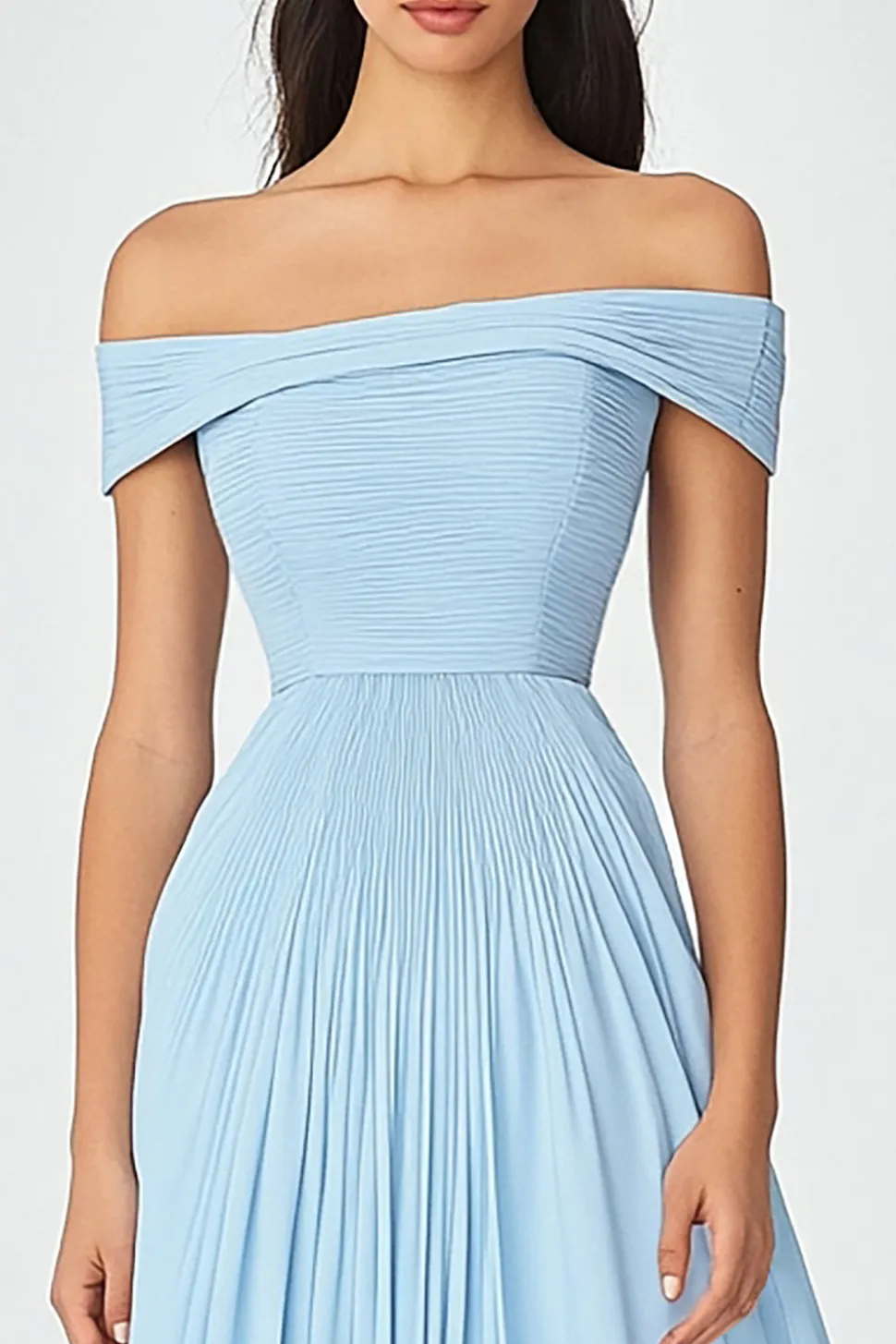 Off the Shoulder Sky Blue Uma Linha Ruched Chiffon Vestido Formal