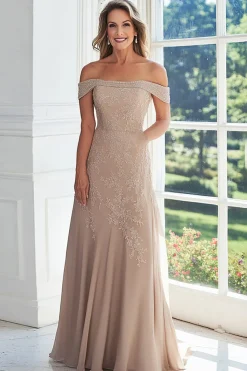 Off The Shoulder Taupe Uma Linha Renda Appliqued Mother of the Bride Dress
