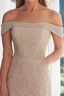Off The Shoulder Taupe Uma Linha Renda Appliqued Mother of the Bride Dress
