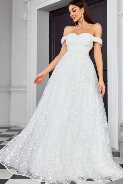 Off The Shoulder Uma Linha Marfim Querida Vestido de Noiva Longo