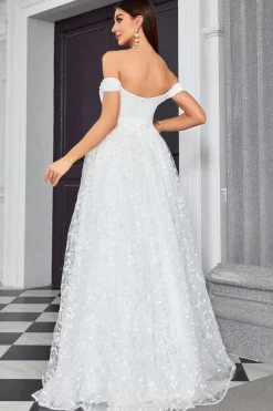 Off The Shoulder Uma Linha Marfim Querida Vestido de Noiva Longo