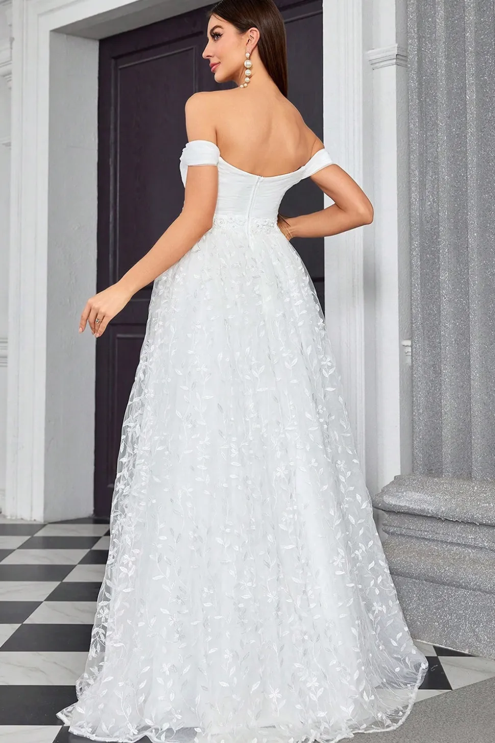 Off The Shoulder Uma Linha Marfim Querida Vestido de Noiva Longo