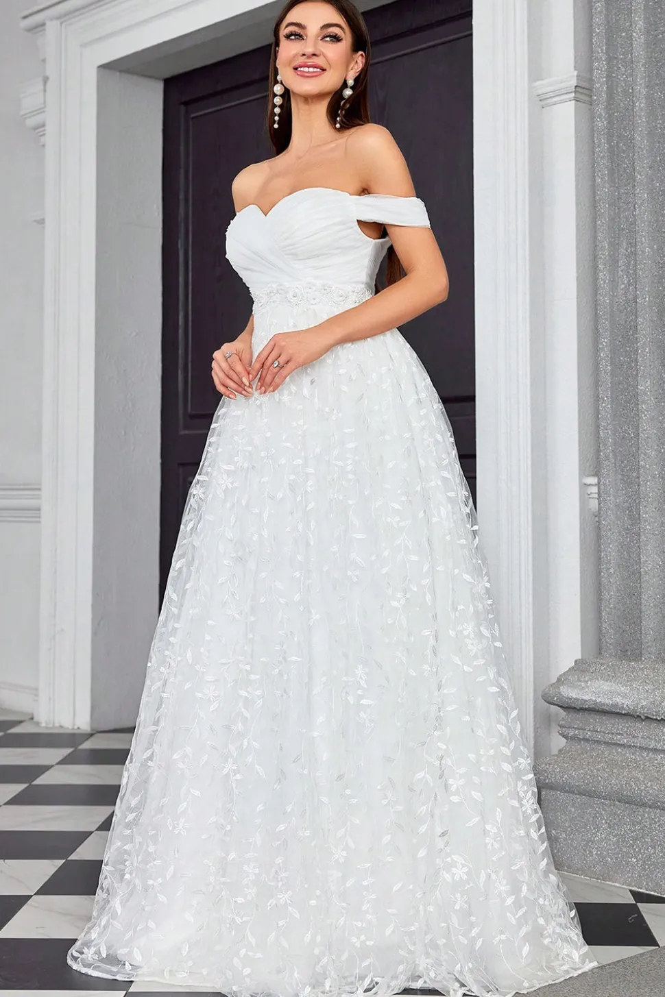 Off The Shoulder Uma Linha Marfim Querida Vestido de Noiva Longo