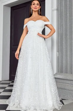 Off The Shoulder Uma Linha Marfim Querida Vestido de Noiva Longo
