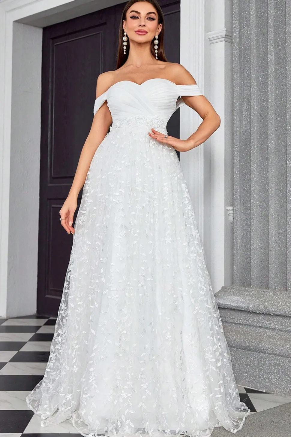 Off The Shoulder Uma Linha Marfim Querida Vestido de Noiva Longo