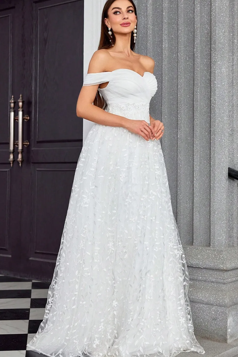 Off The Shoulder Uma Linha Marfim Querida Vestido de Noiva Longo