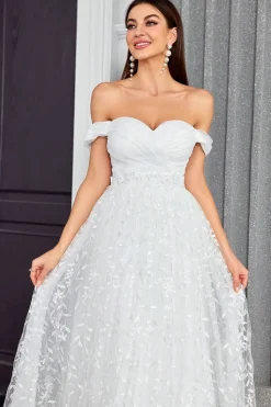 Off The Shoulder Uma Linha Marfim Querida Vestido de Noiva Longo
