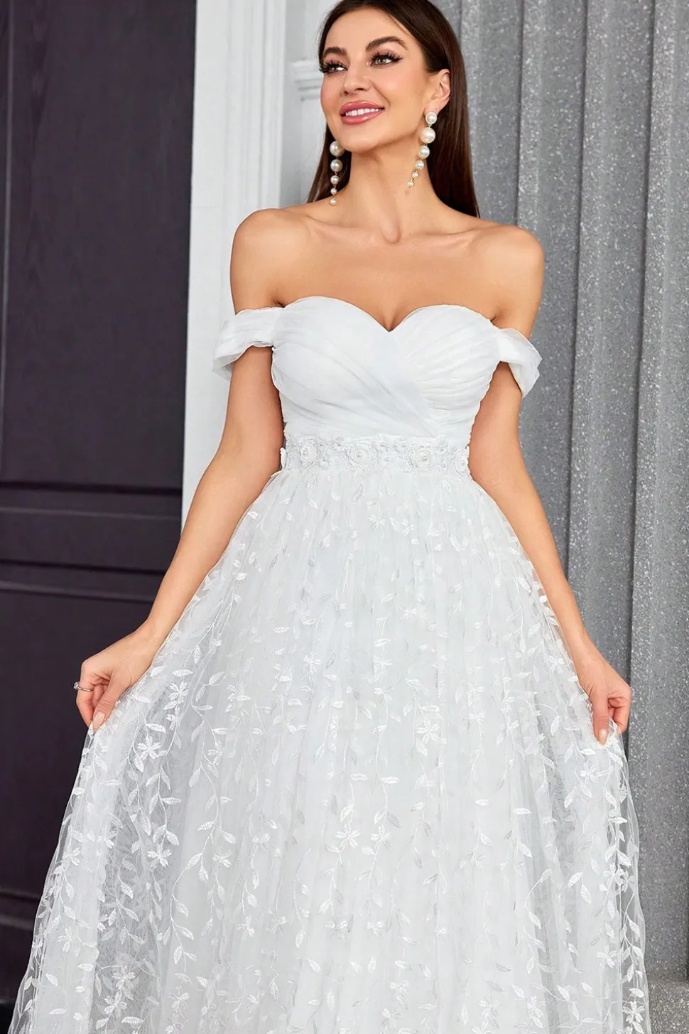 Off The Shoulder Uma Linha Marfim Querida Vestido de Noiva Longo