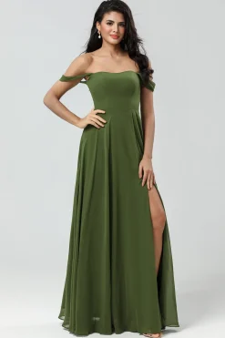 Off The Shoulder Uma linha de vestido de dama de honra de azeitona com fenda