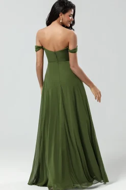 Off The Shoulder Uma linha de vestido de dama de honra de azeitona com fenda