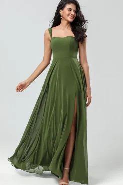 Off The Shoulder Uma linha de vestido de dama de honra de azeitona com fenda