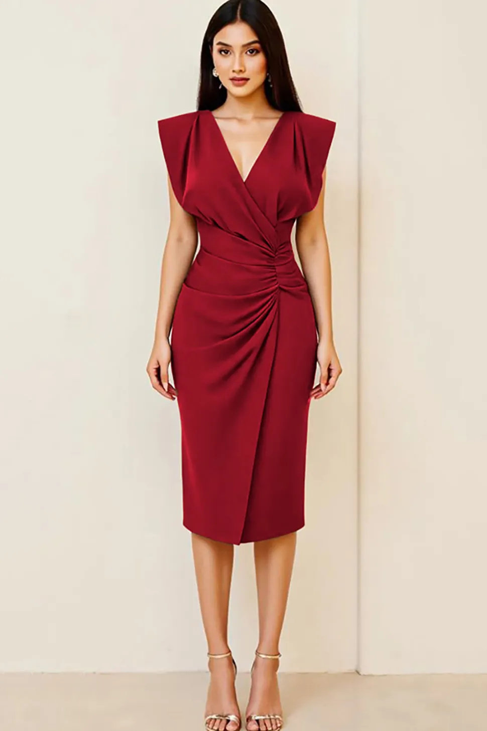 Oliva Bodycon Decote em V Midi Vestidos Cerimónia