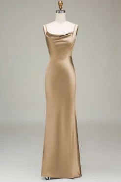 Oliva Espaghetti Correias Cetim Sheath Long Vestido Madrinha