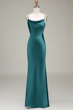 Oliva Espaghetti Correias Cetim Sheath Long Vestido Madrinha