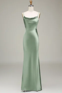 Oliva Espaghetti Correias Cetim Sheath Long Vestido Madrinha
