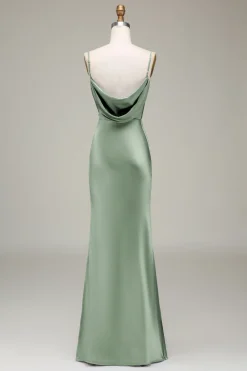 Oliva Espaghetti Correias Cetim Sheath Long Vestido Madrinha