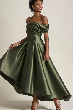 Oliva Linha-A Fora do Ombro Cetim Longo Vestido Mae Noiva