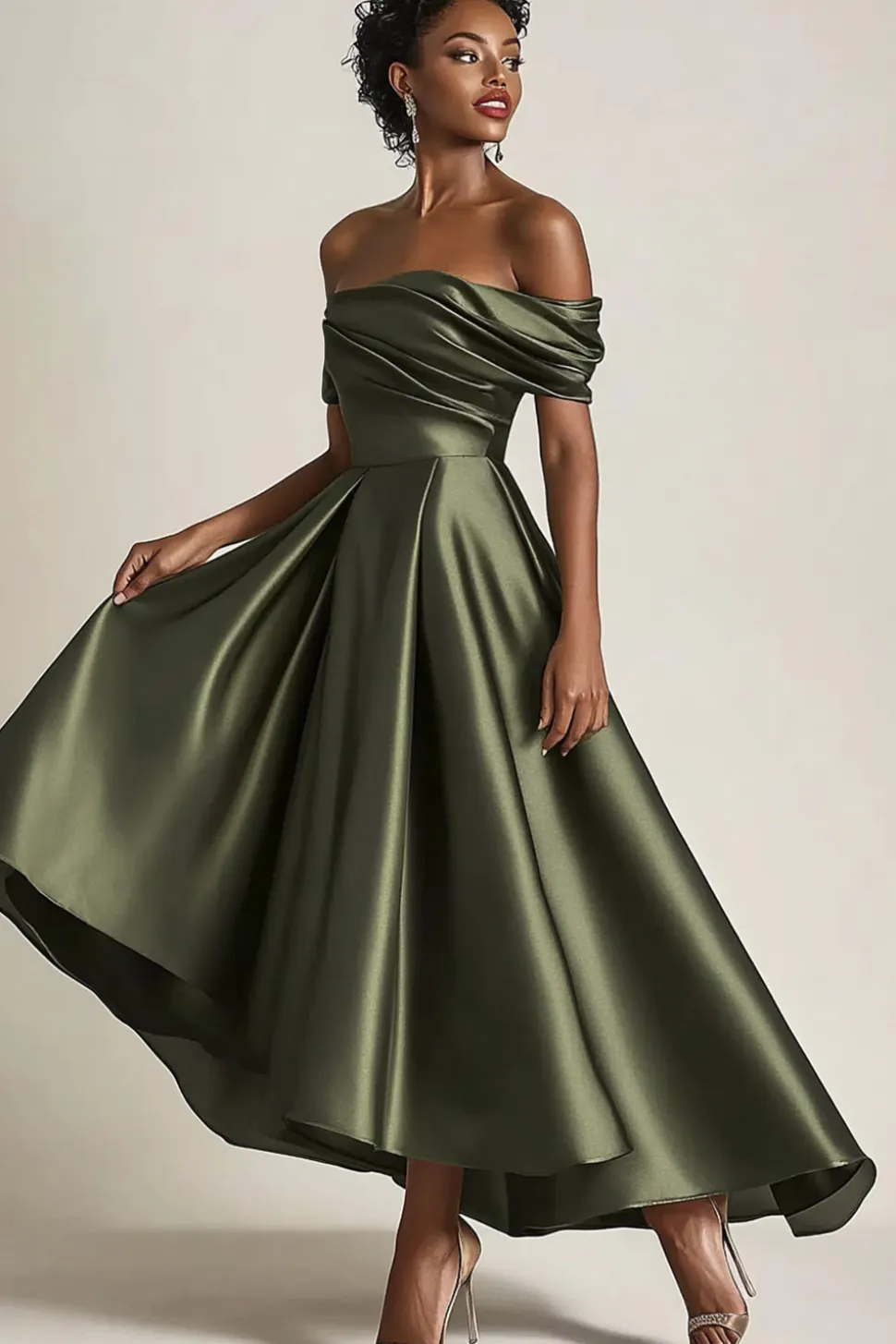 Oliva Linha-A Fora do Ombro Cetim Longo Vestido Mae Noiva