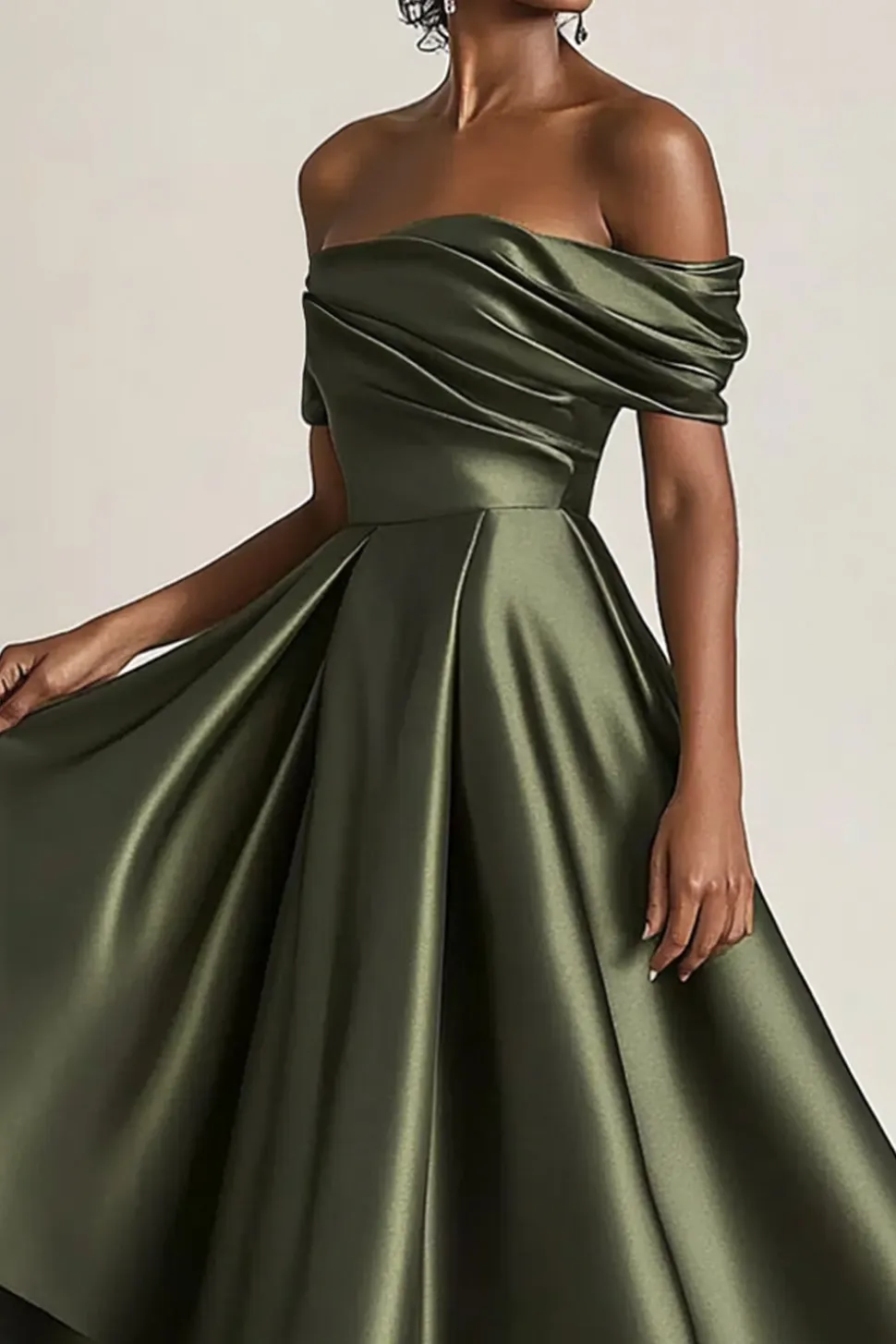 Oliva Linha-A Fora do Ombro Cetim Longo Vestido Mae Noiva