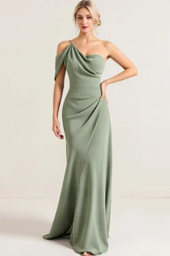 Oliva Um Ombro Chiffon Longo Bainha Vestidos de Damas de Honor