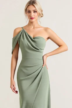 Oliva Um Ombro Chiffon Longo Bainha Vestidos de Damas de Honor
