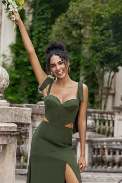 Olive A Line Esparguete Correias Andar Comprimento Madrinha com Fenda