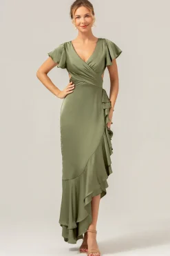 Olive A Line V Pescoço Cetim Vestido de Dama de Honra Assimétrico com Folhos
