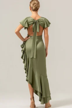 Olive A Line V Pescoço Cetim Vestido de Dama de Honra Assimétrico com Folhos