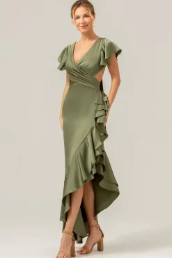 Olive A Line V Pescoço Cetim Vestido de Dama de Honra Assimétrico com Folhos