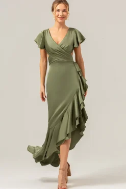 Olive A Line V Pescoço Cetim Vestido de Dama de Honra Assimétrico com Folhos