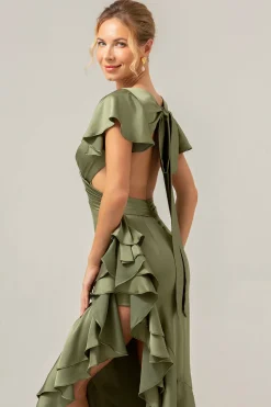Olive A Line V Pescoço Cetim Vestido de Dama de Honra Assimétrico com Folhos