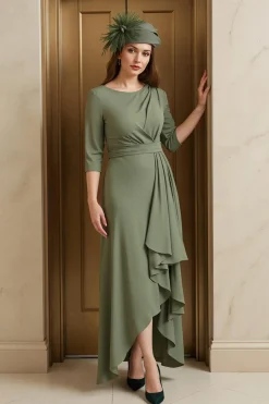 Olive A-Line Bateau Neck 3/4 Manga Ruched Mãe do Vestido da Noiva com Folhos