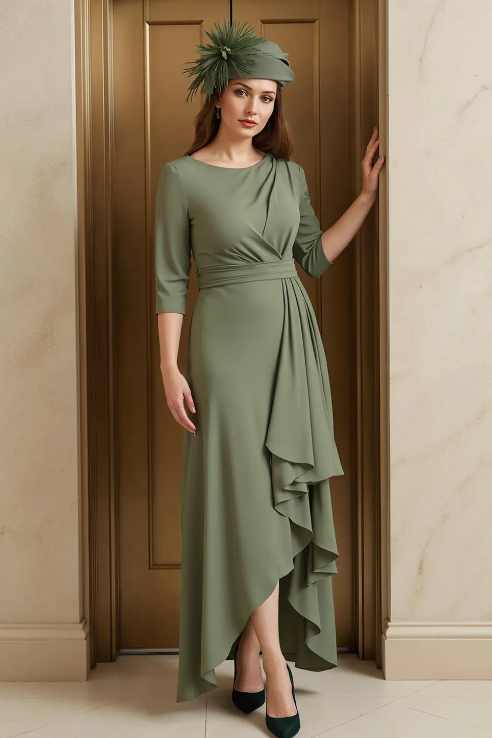 Olive A-Line Bateau Neck 3/4 Manga Ruched Mãe do Vestido da Noiva com Folhos