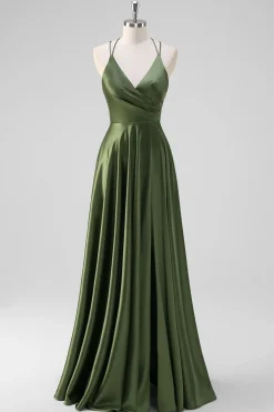 Olive A-Line Espaghetti Correias Ruched Long Satin Vestido de Dama de Honra