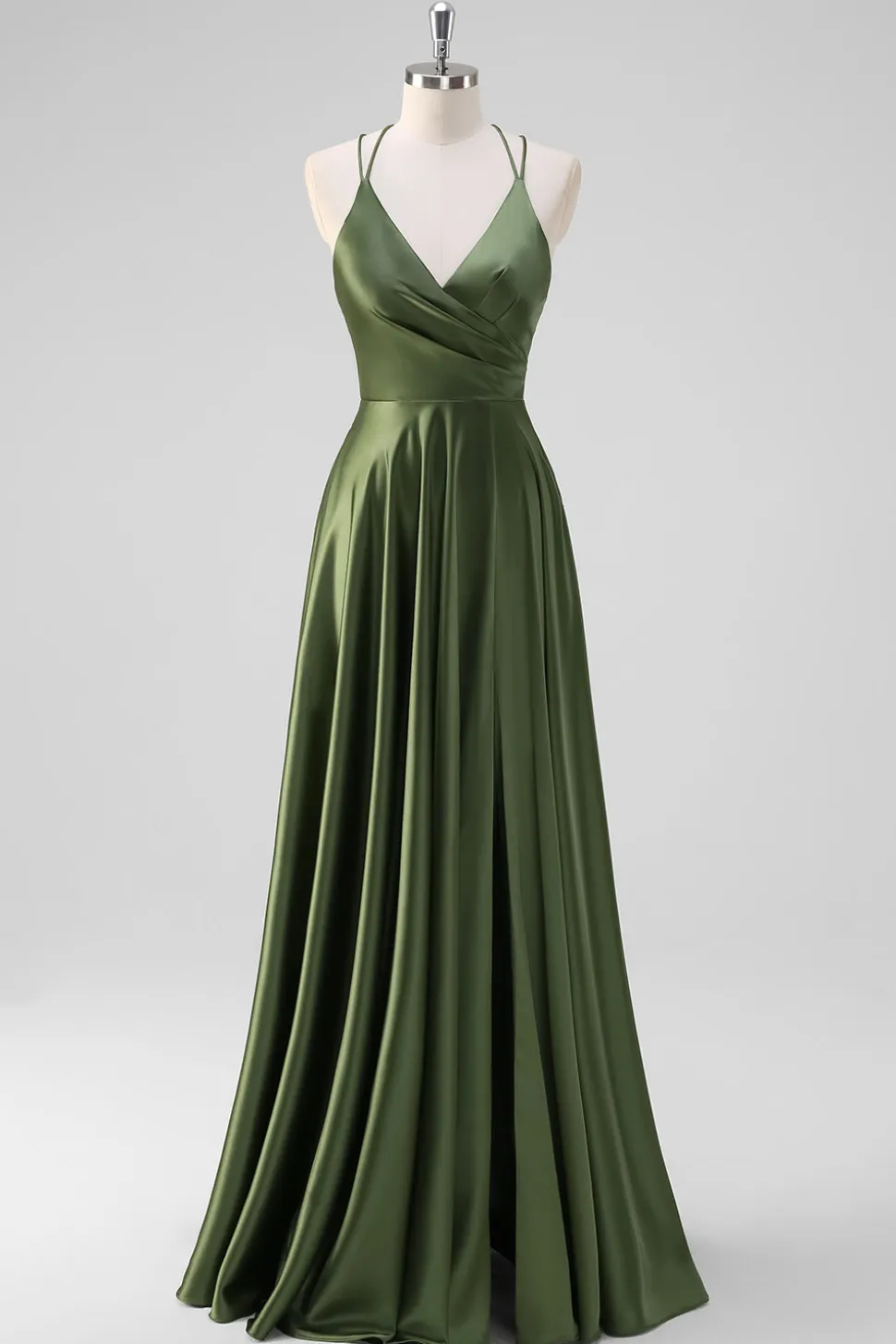 Olive A-Line Espaghetti Correias Ruched Long Satin Vestido de Dama de Honra