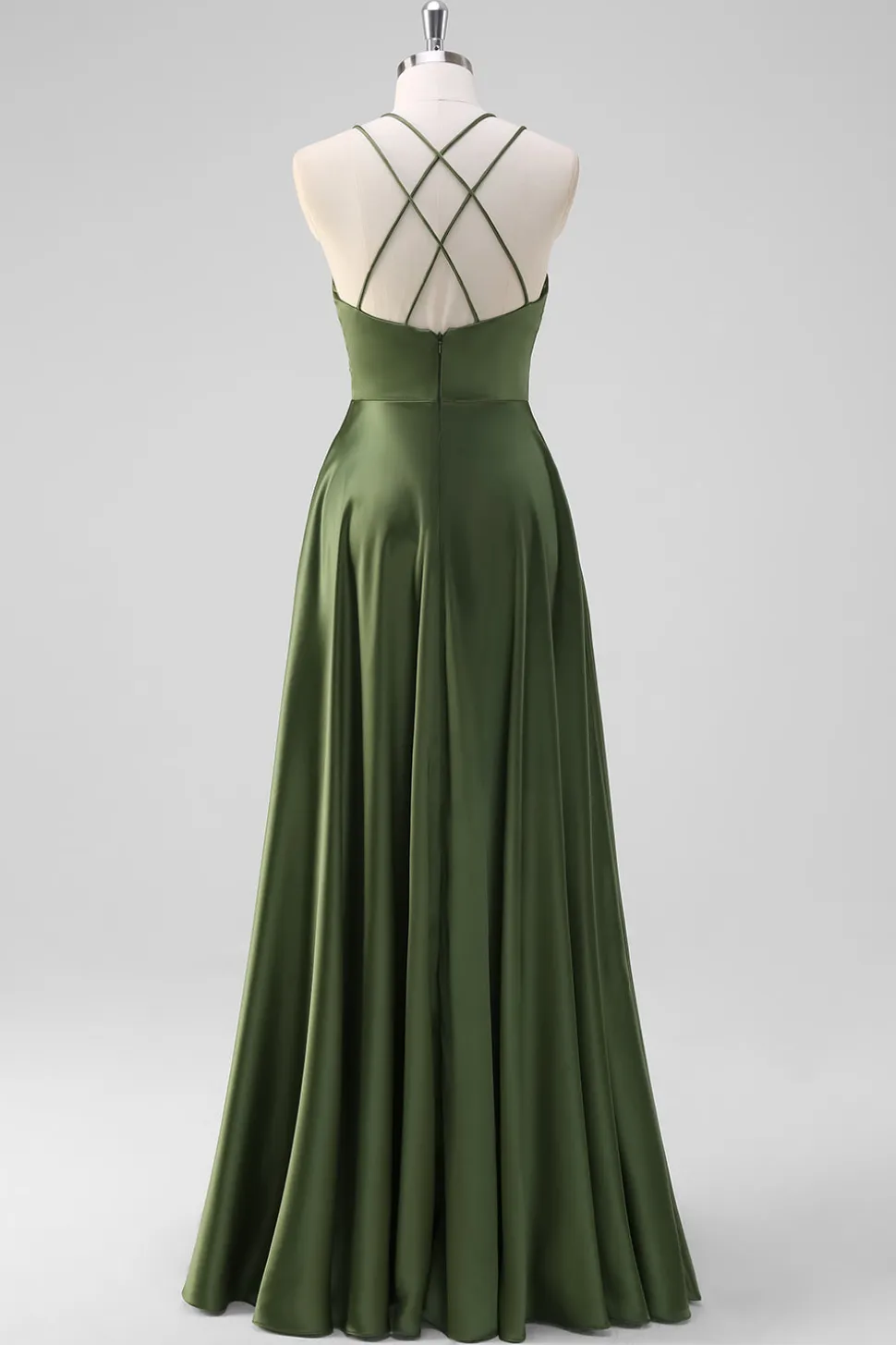 Olive A-Line Espaghetti Correias Ruched Long Satin Vestido de Dama de Honra