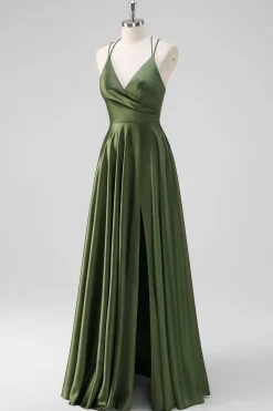 Olive A-Line Espaghetti Correias Ruched Long Satin Vestido de Dama de Honra