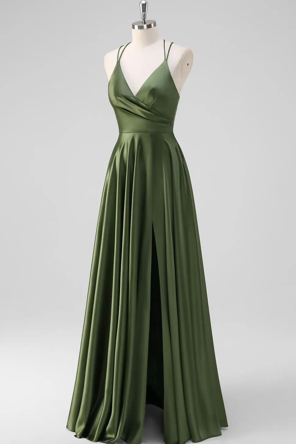 Olive A-Line Espaghetti Correias Ruched Long Satin Vestido de Dama de Honra