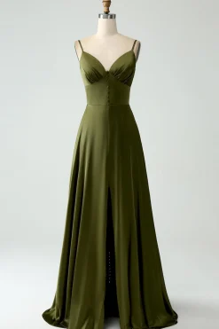 Olive A-Line Esparguete Correias Cetim Long Bridesamid Vestido