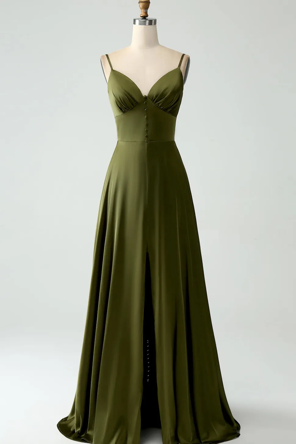 Olive A-Line Esparguete Correias Cetim Long Bridesamid Vestido
