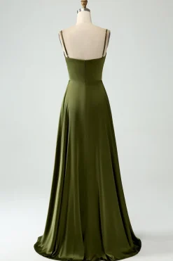 Olive A-Line Esparguete Correias Cetim Long Bridesamid Vestido