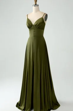 Olive A-Line Esparguete Correias Cetim Long Bridesamid Vestido