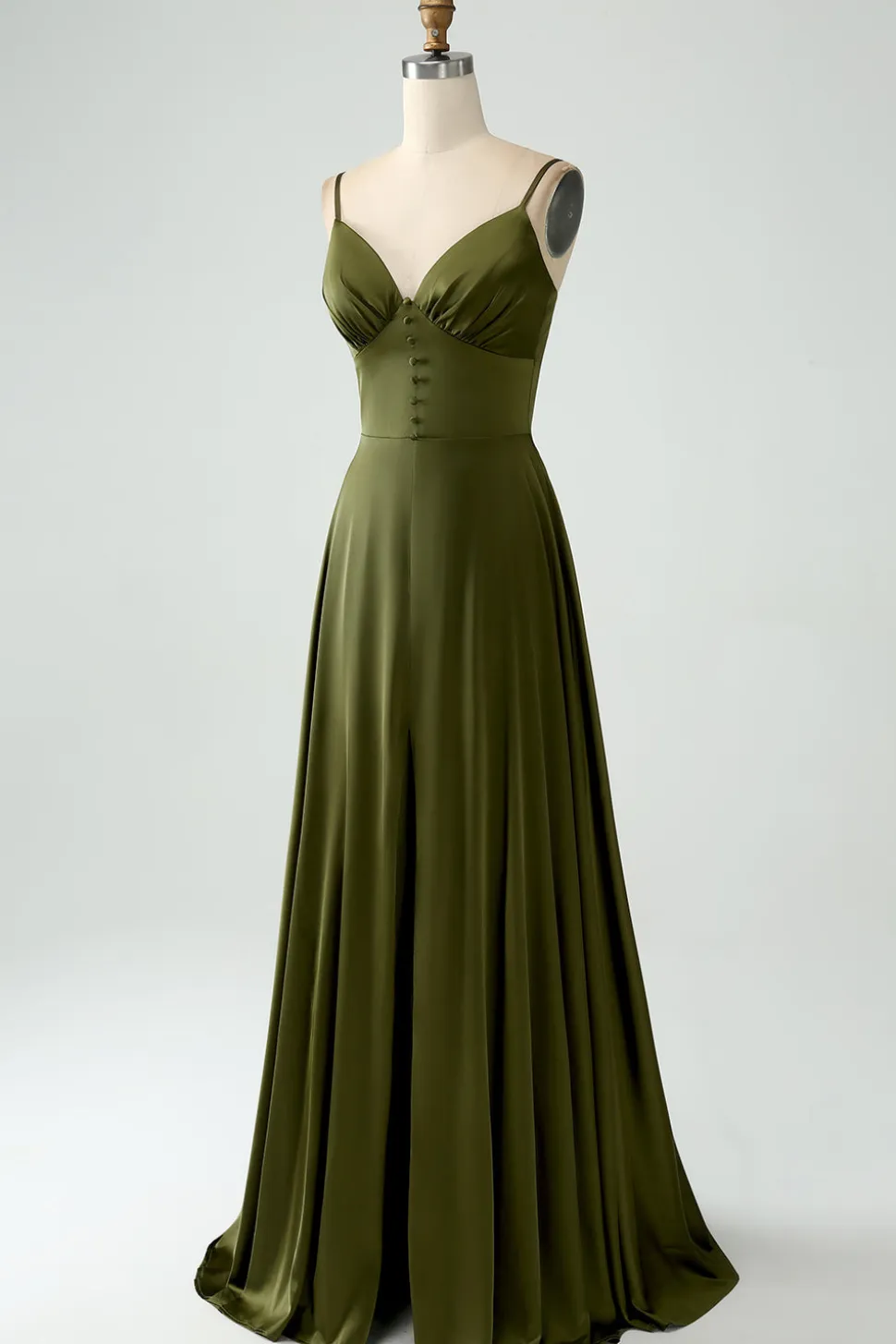 Olive A-Line Esparguete Correias Cetim Long Bridesamid Vestido