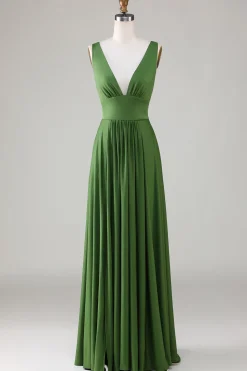 Olive Deep V-neck mangas vestido longo dama de honra