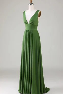 Olive Deep V-neck mangas vestido longo dama de honra