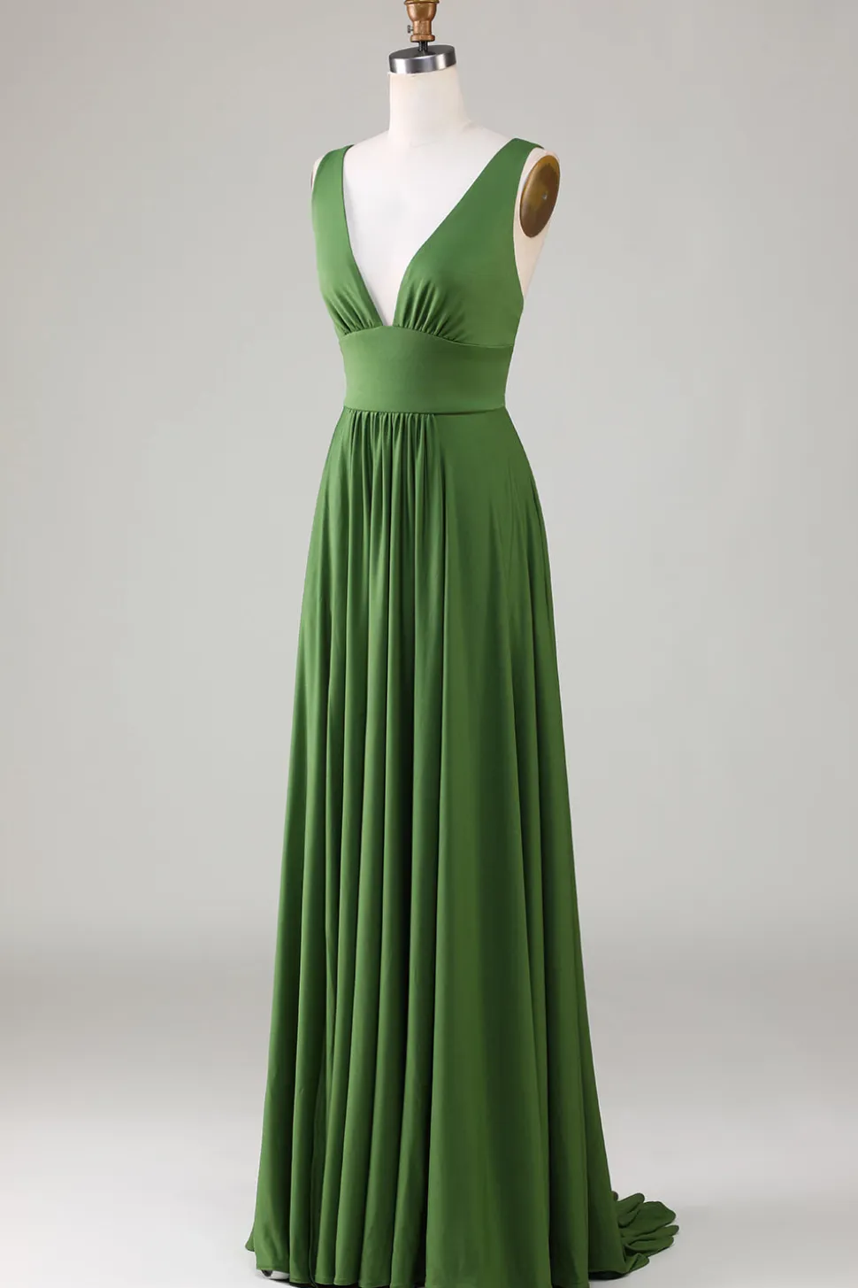 Olive Deep V-neck mangas vestido longo dama de honra
