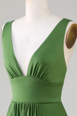 Olive Deep V-neck mangas vestido longo dama de honra