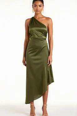 Olive One Shoulder cetim chá comprimento vestido dama de honra
